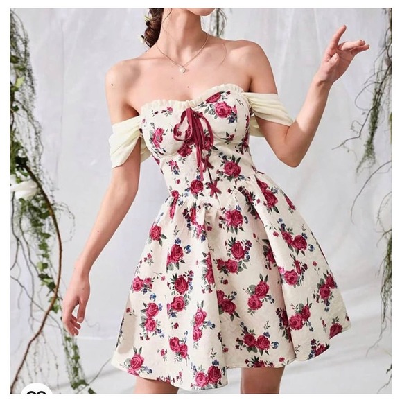 Women's Dress Floral Print Off Shoulder Lace Up Front peasant corset top SZ S - Picture 1 of 10
